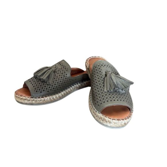 Bueno Navar Leather Laser Cut Peep Toe Slip On Espadrilles Sandals Olive Size 40 - Picture 2 of 11